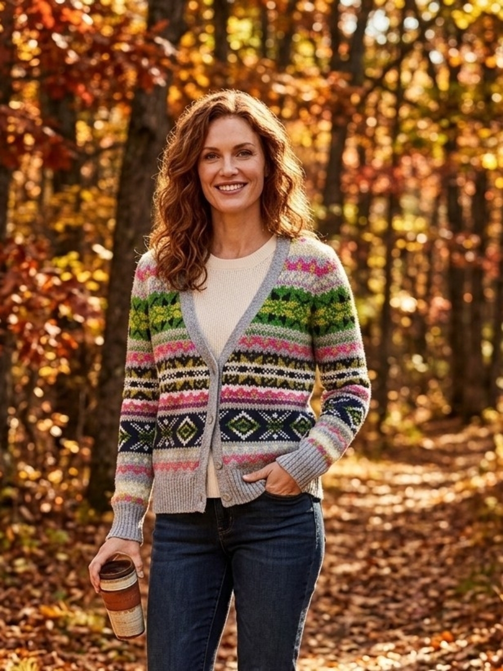 St. John's Bay Multicolor Fair Isle Cardigan - Pink, Green, Gray